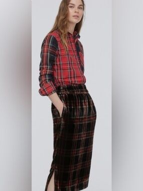 J. Crew Red and Black Plaid Velvet Midi Skirt